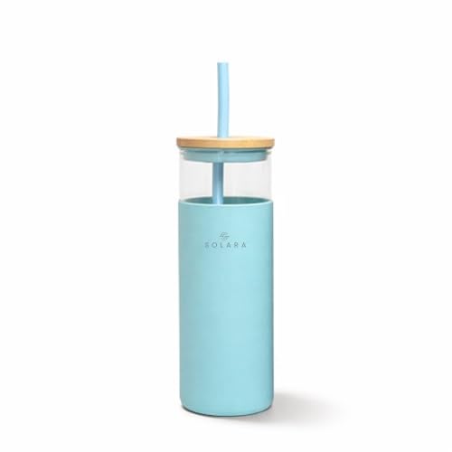 SOLARA Glass Tumbler with Bamboo Lid, Straw and Silicone Protector 500ml, Coffee & Juice Tumblers with Silicone Straw & Lid, Durable Travel Mug with Lid, Blue Breeze - Image 1