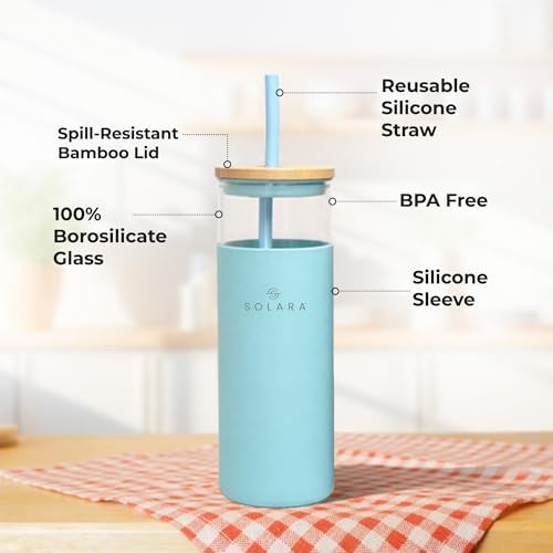 SOLARA Glass Tumbler with Bamboo Lid, Straw and Silicone Protector 500ml, Coffee & Juice Tumblers with Silicone Straw & Lid, Durable Travel Mug with Lid, Blue Breeze - Image 3