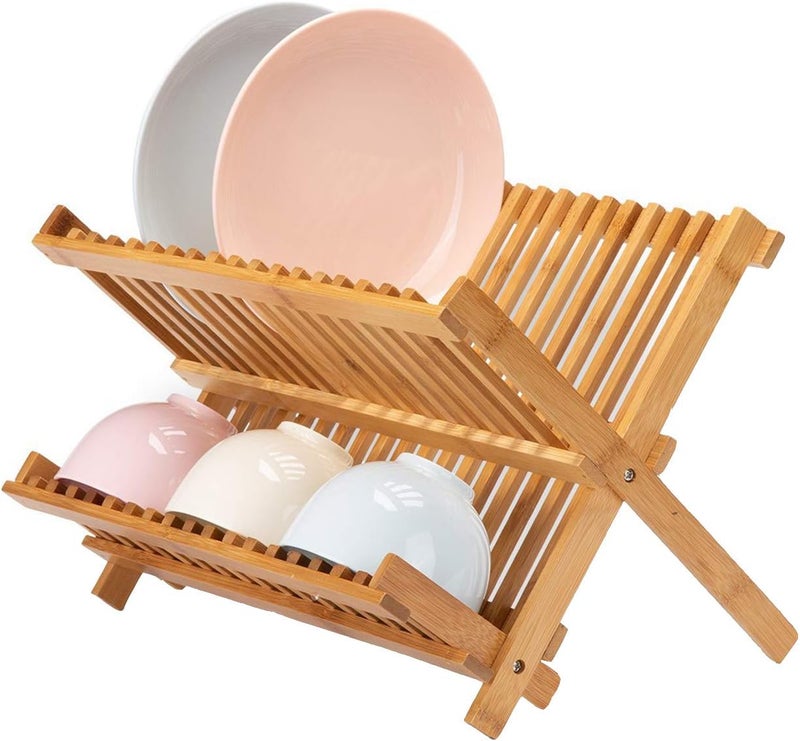 Lawei Collapsible Bamboo Dish Drying Rack - Plate Holder Dish Rack Cup Drying Strainer for Dish, Plate, Bowls, Cup - Image 1