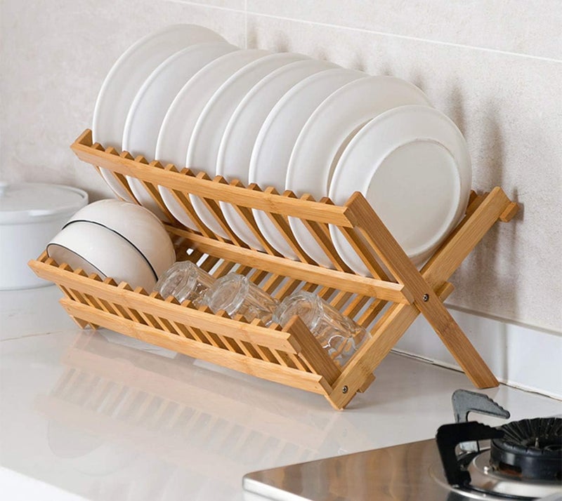 Lawei Collapsible Bamboo Dish Drying Rack - Plate Holder Dish Rack Cup Drying Strainer for Dish, Plate, Bowls, Cup - Image 5