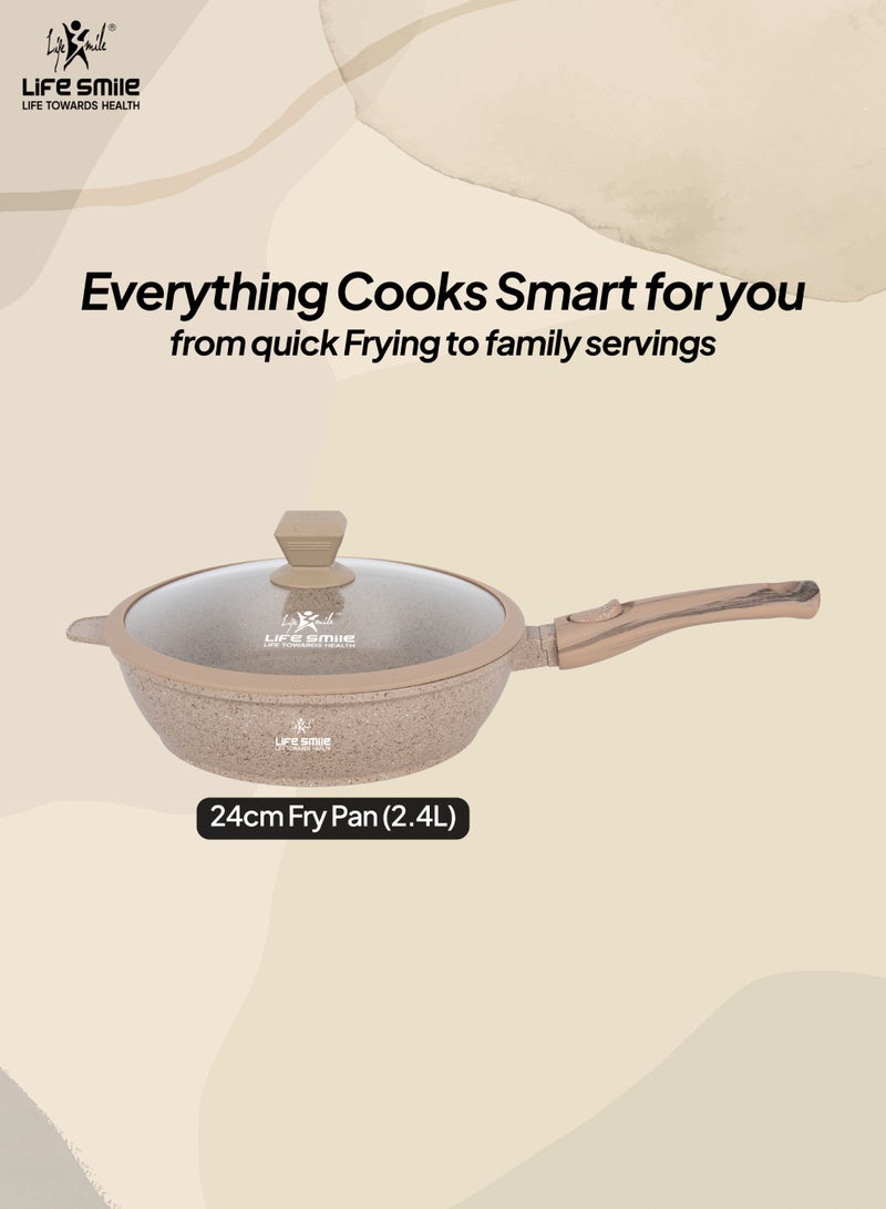 Life Smile 24cm Fry Pan (2.4L) Non-Stick Granite Cookware with Glass Lid - Image 2