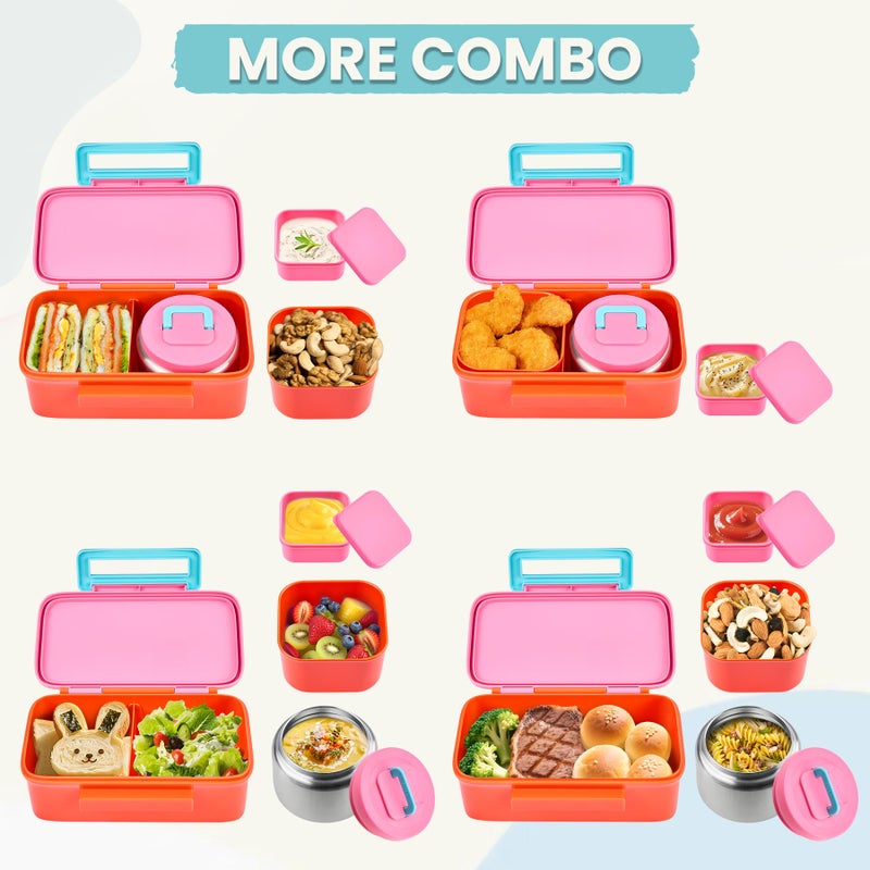 PIQUEBAR Kids Lunch Box with 8oz Thermo, Leakproof Bento Box with Insulated Bag, Kids Insulated Water Bottle with Straw, Food Lunch Container for Back to School Girls, Pink - Image 3