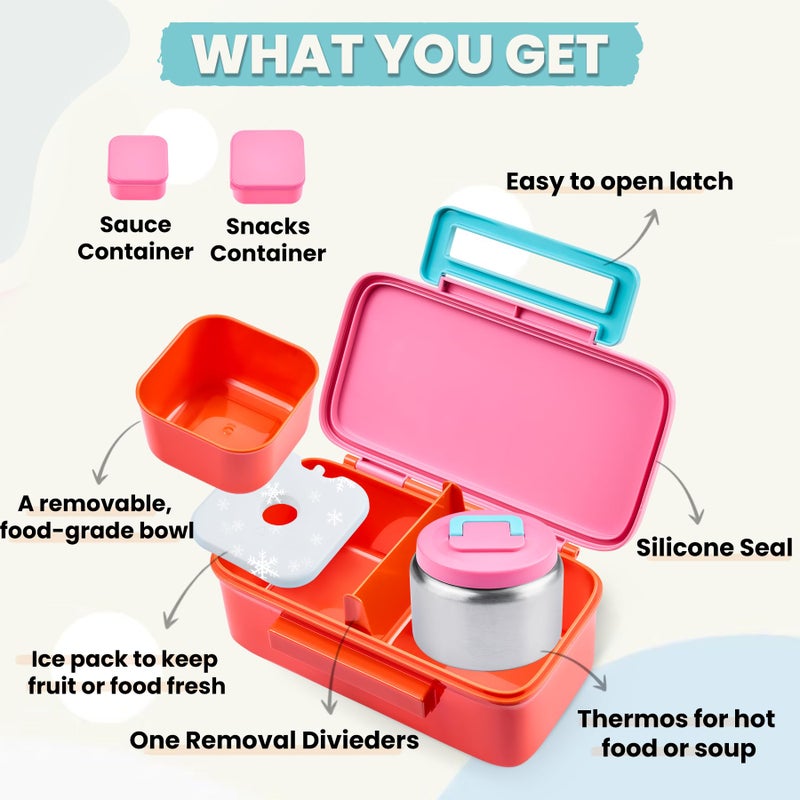 PIQUEBAR Kids Lunch Box with 8oz Thermo, Leakproof Bento Box with Insulated Bag, Kids Insulated Water Bottle with Straw, Food Lunch Container for Back to School Girls, Pink - Image 2