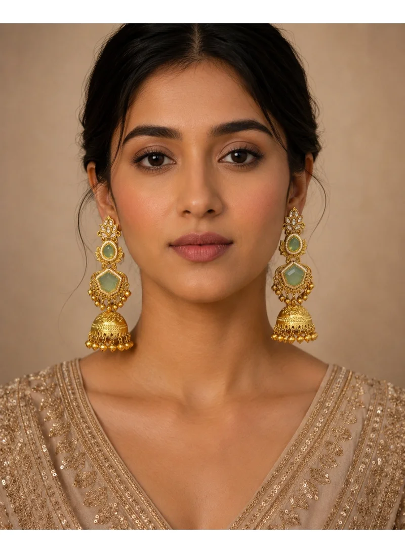 Lehar Imitation Gold-Tone Mint Green Kundan Statement Jhumka Earrings