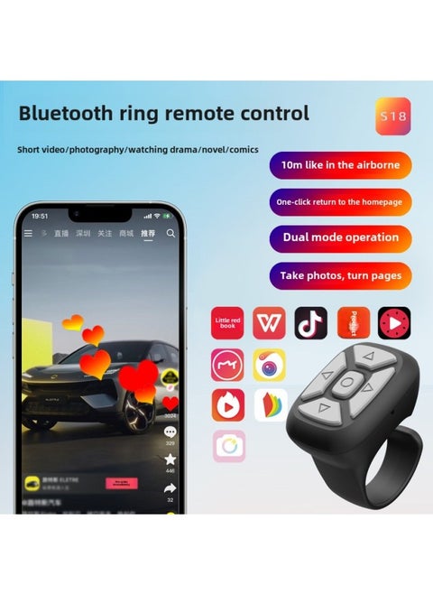 Shake Ring Remote Control Ring Bluetooth Remote Control Wireless Mobile Phone Camera Controller Lazy Remote Control Selfie-Color:Black