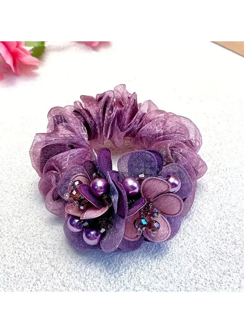 Goolsky 1PC Elegant Double-Layer Mesh Scrunchies - Chic Floral Hair Ties for Women, Versatile All-Season Accessory - Image 1