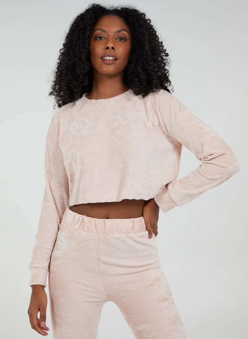 بينك فانيلا بلوزة وردية قصيرة بأكمام طويلة