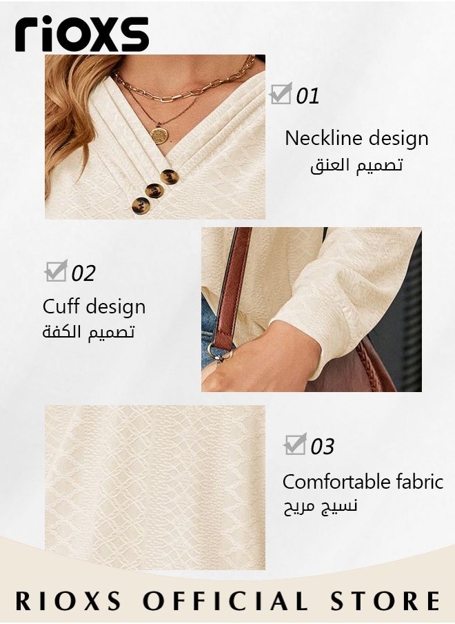 RIOXS - Women's V-neck Long Sleeve Shirt, Classic Comfortable Long Sleeve Tunic Blouses with Unique Dsign, Elegant Loose Fit Blouses, Soft Pullover Shirt, Suitable for a Casual Everyday Look, Formal, and Other Occasions - Image 1
