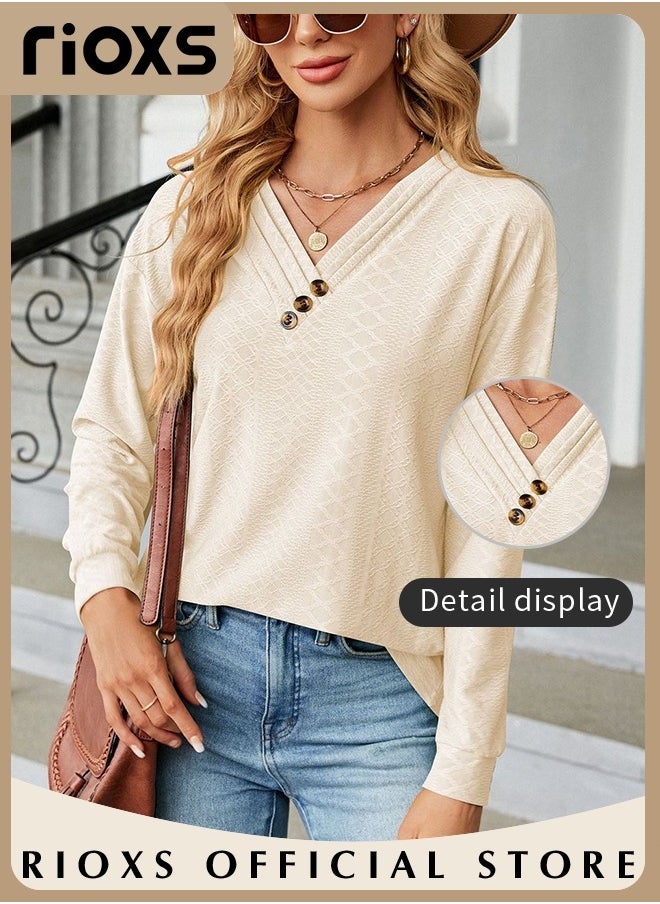 RIOXS - Women's V-neck Long Sleeve Shirt, Classic Comfortable Long Sleeve Tunic Blouses with Unique Dsign, Elegant Loose Fit Blouses, Soft Pullover Shirt, Suitable for a Casual Everyday Look, Formal, and Other Occasions - Image 1