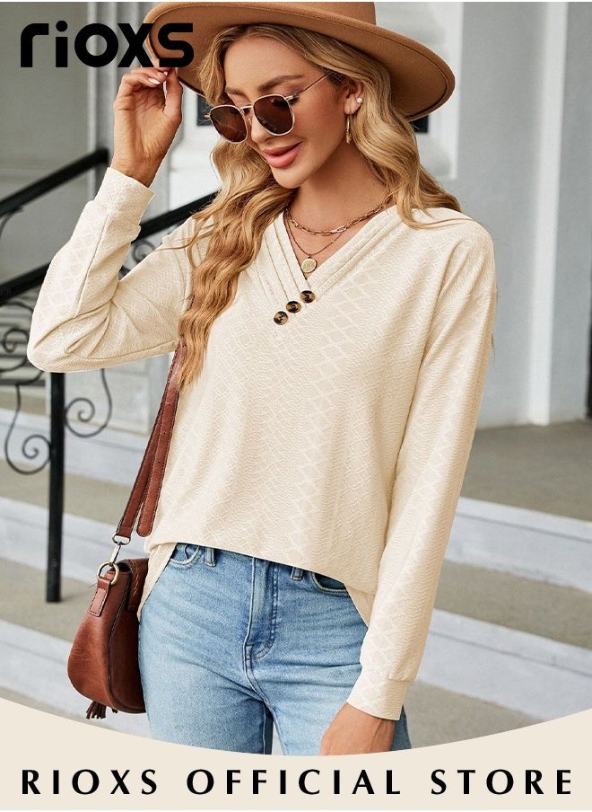 RIOXS - Women's V-neck Long Sleeve Shirt, Classic Comfortable Long Sleeve Tunic Blouses with Unique Dsign, Elegant Loose Fit Blouses, Soft Pullover Shirt, Suitable for a Casual Everyday Look, Formal, and Other Occasions - Image 1