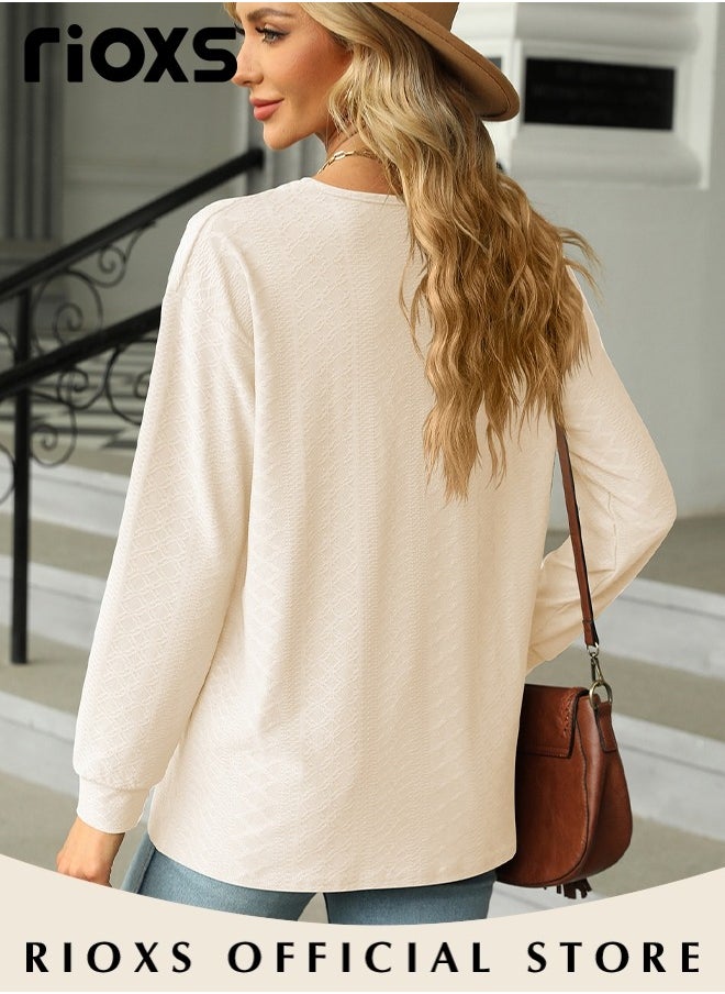 RIOXS - Women's V-neck Long Sleeve Shirt, Classic Comfortable Long Sleeve Tunic Blouses with Unique Dsign, Elegant Loose Fit Blouses, Soft Pullover Shirt, Suitable for a Casual Everyday Look, Formal, and Other Occasions - Image 1