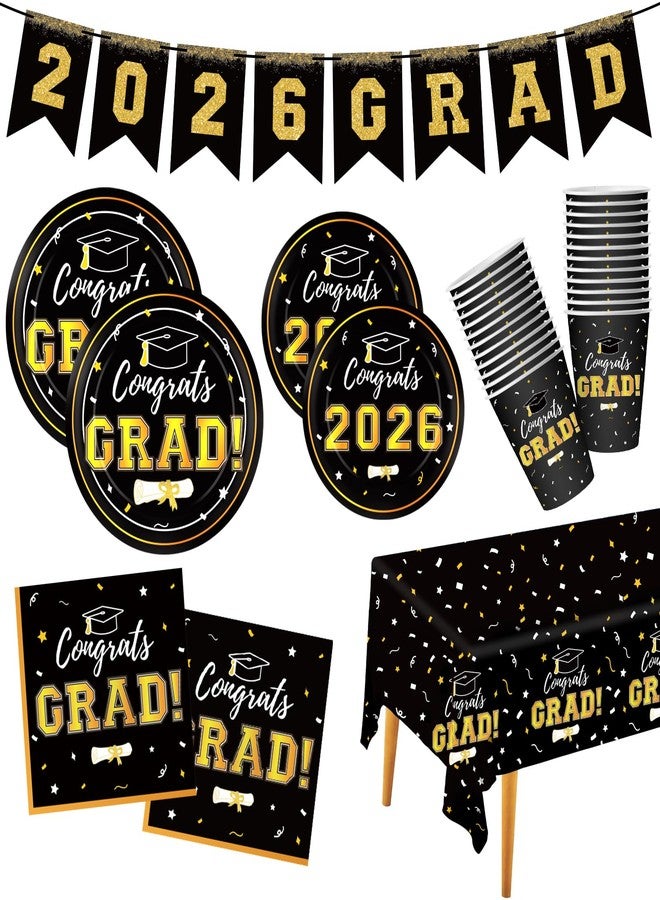 Labrostar Graduation Party Decorations Disposable Black Graduation Tableware Kit for 25 Guests Plates Napkins Cups Tablecloth Hanging Graduation Decorations Class of 2025 - Image 1