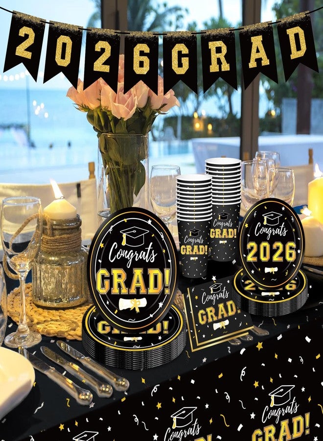Labrostar Graduation Party Decorations Disposable Black Graduation Tableware Kit for 25 Guests Plates Napkins Cups Tablecloth Hanging Graduation Decorations Class of 2025 - Image 2