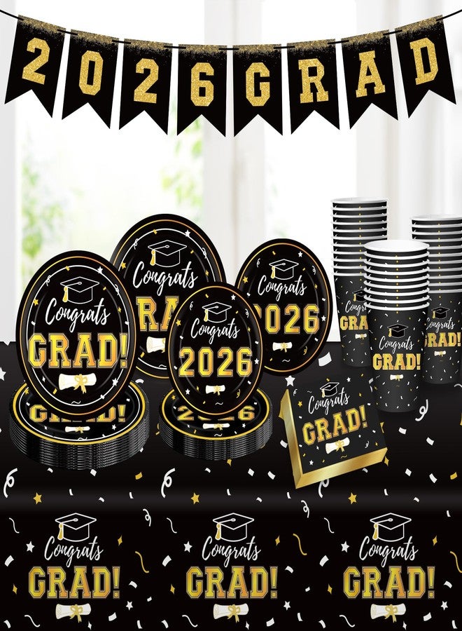 Labrostar Graduation Party Decorations Disposable Black Graduation Tableware Kit for 25 Guests Plates Napkins Cups Tablecloth Hanging Graduation Decorations Class of 2025 - Image 5