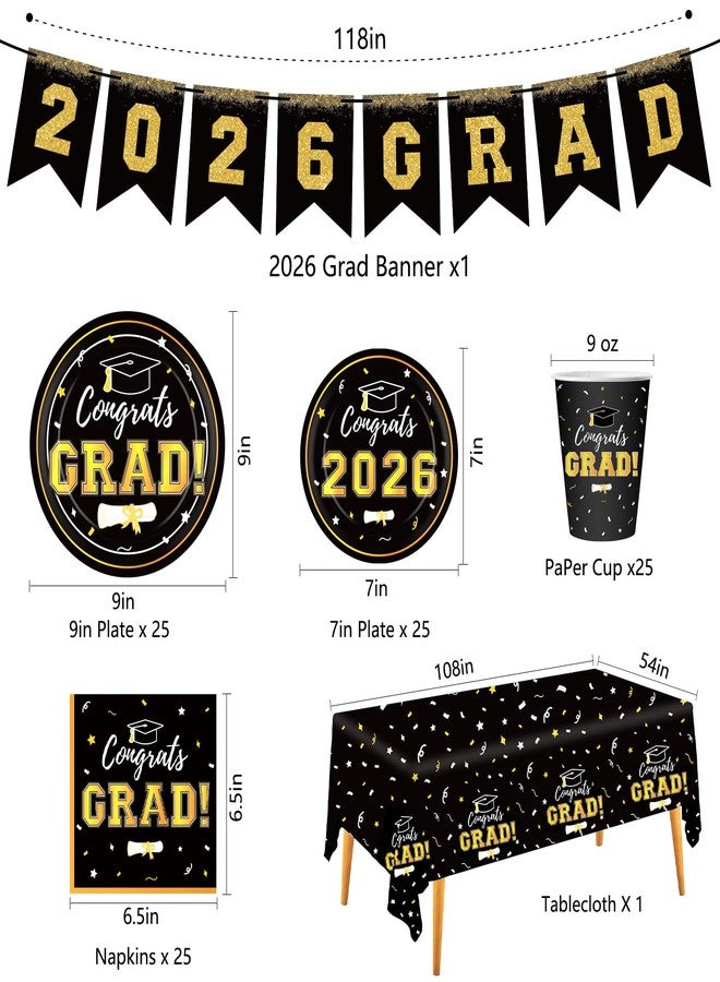 Labrostar Graduation Party Decorations Disposable Black Graduation Tableware Kit for 25 Guests Plates Napkins Cups Tablecloth Hanging Graduation Decorations Class of 2025 - Image 3