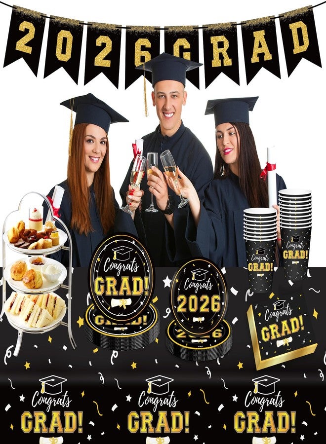 Labrostar Graduation Party Decorations Disposable Black Graduation Tableware Kit for 25 Guests Plates Napkins Cups Tablecloth Hanging Graduation Decorations Class of 2025 - Image 4