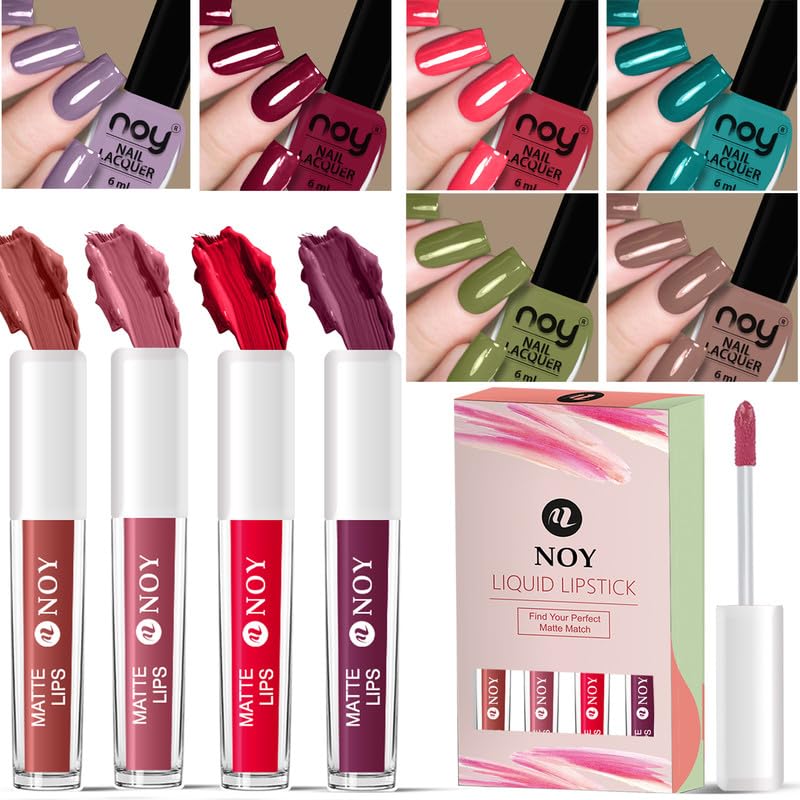 Noy Nail Paint And Liquid Lipstick Combo For Timeless Look Beauty Essentials Nail Paint Liquid Lipstick In One Set Glamorous Valentine Lipstick Nail Polish Set For Girlfriend - Image 1