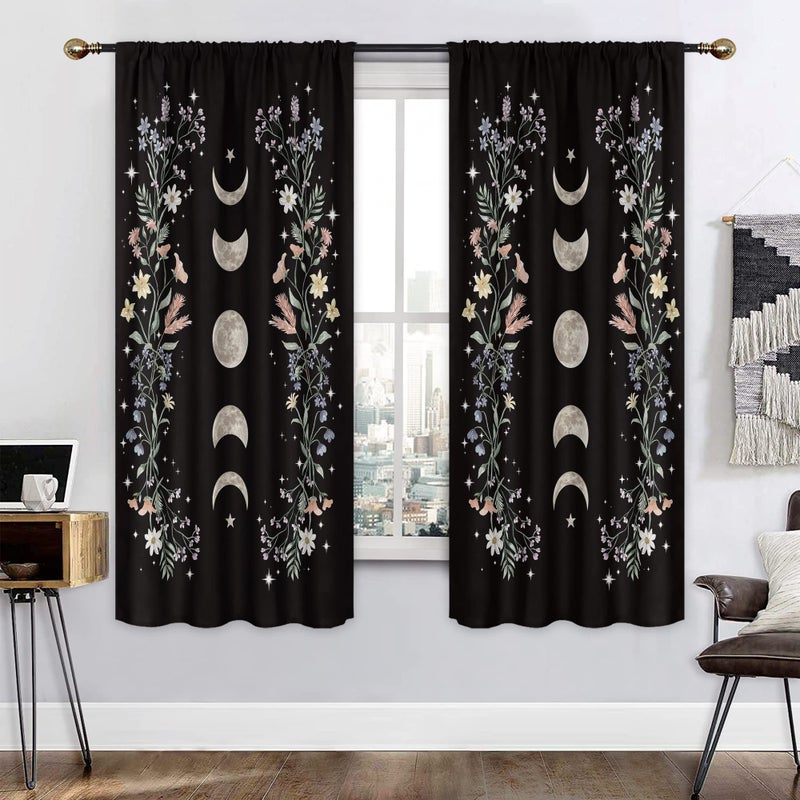 Mitpok Boho Floral Curtains Black Flower Wildflower 42W x 63H Inch Rod Pocket Moon Phase Moonlit Garden Witchy Gothic Aesthetic Spring Nature 2 Panel Window Treatment Set for Bedroom Living Room Decor