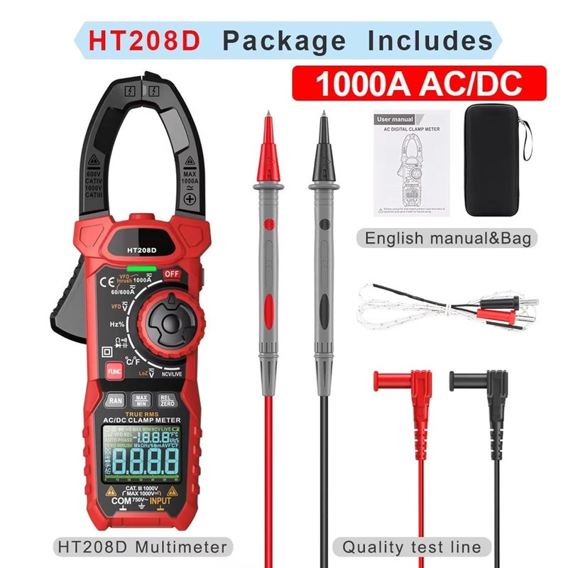 HT208D Digital Clamp Meter 1000A AC DC Current Voltage Tester with Temperature Capacitance Resistance Diode Test - Image 5