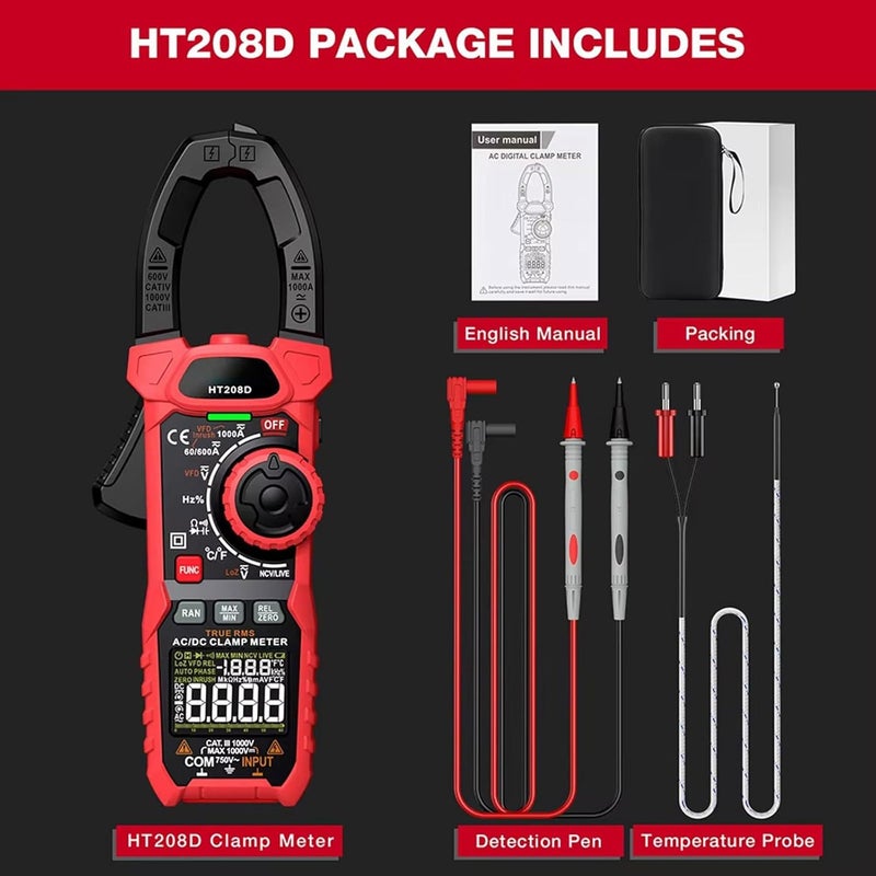 HT208D Digital Clamp Meter 1000A AC DC Current Voltage Tester with Temperature Capacitance Resistance Diode Test - Image 4