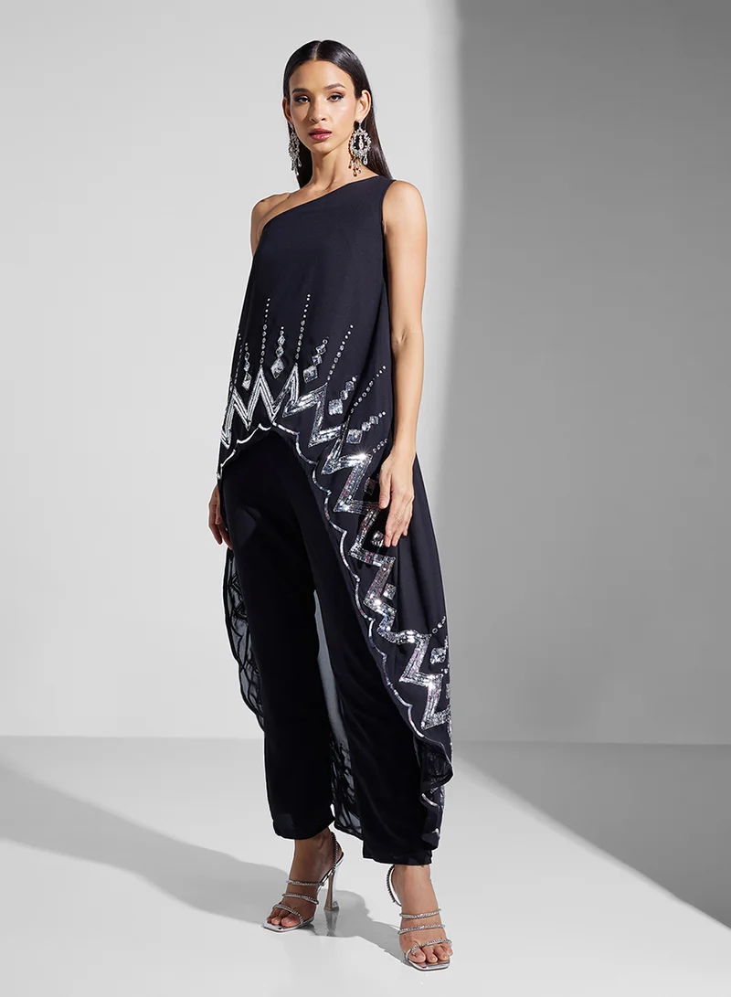 فروك اند فرل One Shoulder Top With Dipped Hem And Trouser Set