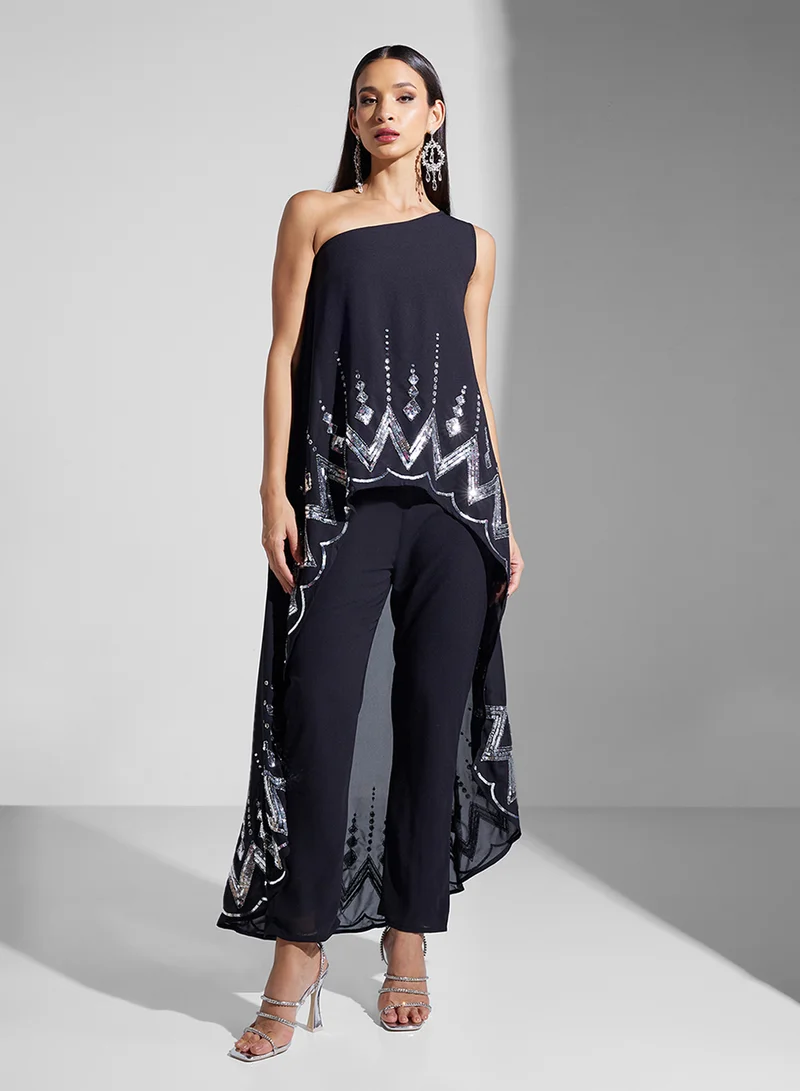 فروك اند فرل One Shoulder Top With Dipped Hem And Trouser Set