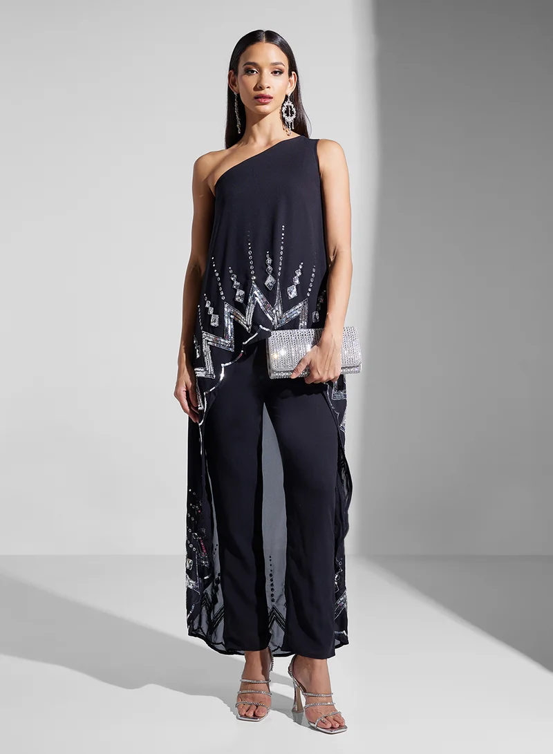 فروك اند فرل One Shoulder Top With Dipped Hem And Trouser Set