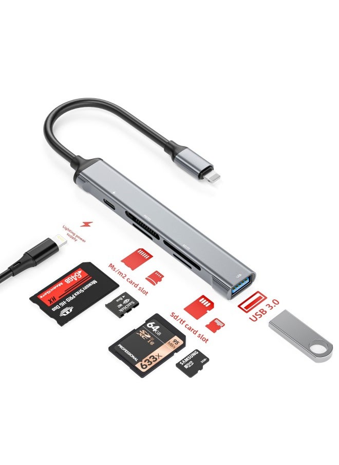 Generic - Ms Six-in-one Card Reader With Power Supply Multi-function Reading Sdtfmsm2usb USB Flash Drive OTG Function Mobile Phone Reading Disk-Color:Apple Connector Read [Ms/sd/tf/m2/usb/charging]] - Image 1