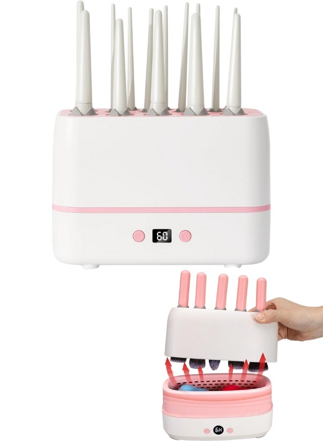 ماكينة تجفيف فرش المكياج الكهربائية الذكية متعددة الاستخدامات لتجفيف حتى 14 فرشاة و2 إسفنجة مكياج في وقت واحد بتقنية التجفيف البطيء منخفض الحرارة للحفاظ على الشعيرات، مجفف فرش مكياج أوتوماتيكي بدرجة حرارة ثابتة 65 درجة لتجفيف الإسفنج وأقل من 40 درجة للفرش، تصميم محمول USB Type-C، متوافقة مع معظم فرش المكياج الكبيرة والصغيرة، فتحات سيليكون مرنة، تجفيف صحي وآمن بدون تلف، مثالية للاستخدام اليومي والاحترافي والسفر والهدايا - Image 1