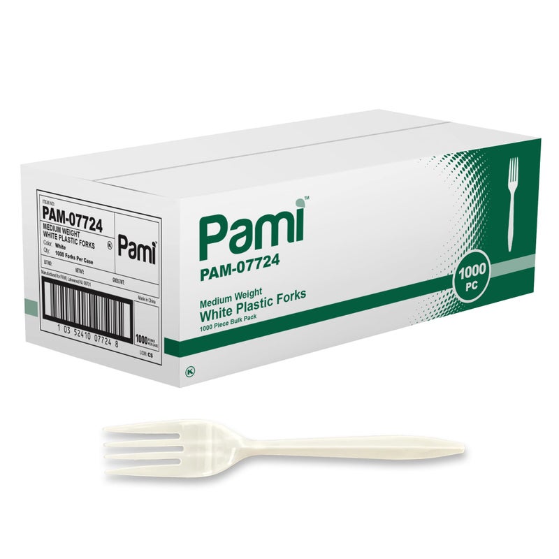 PAMI PAMI Medium Weight Disposable Plastic Forks 1000Pack  Bulk White Plastic Silverware For Parties Weddings Catering Food Stands Takeaway Orders  More Sturdy SingleUse Partyware Forks 