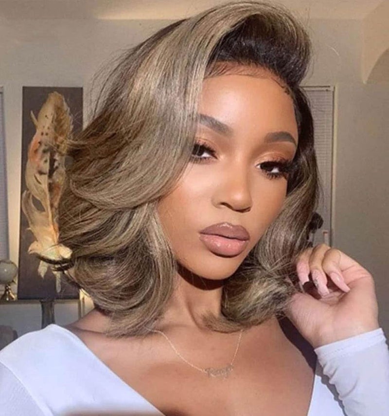 Ulaphence 200% Density Ombre Ash Blonde Lace Front Bob Wig Human Hair Body Wave 13x4 Thicker Ombre Brown Roots with Grey Ash Blonde Short Bob Wig Pre Plucked with Baby Hair for Women 14 Inch - Image 4