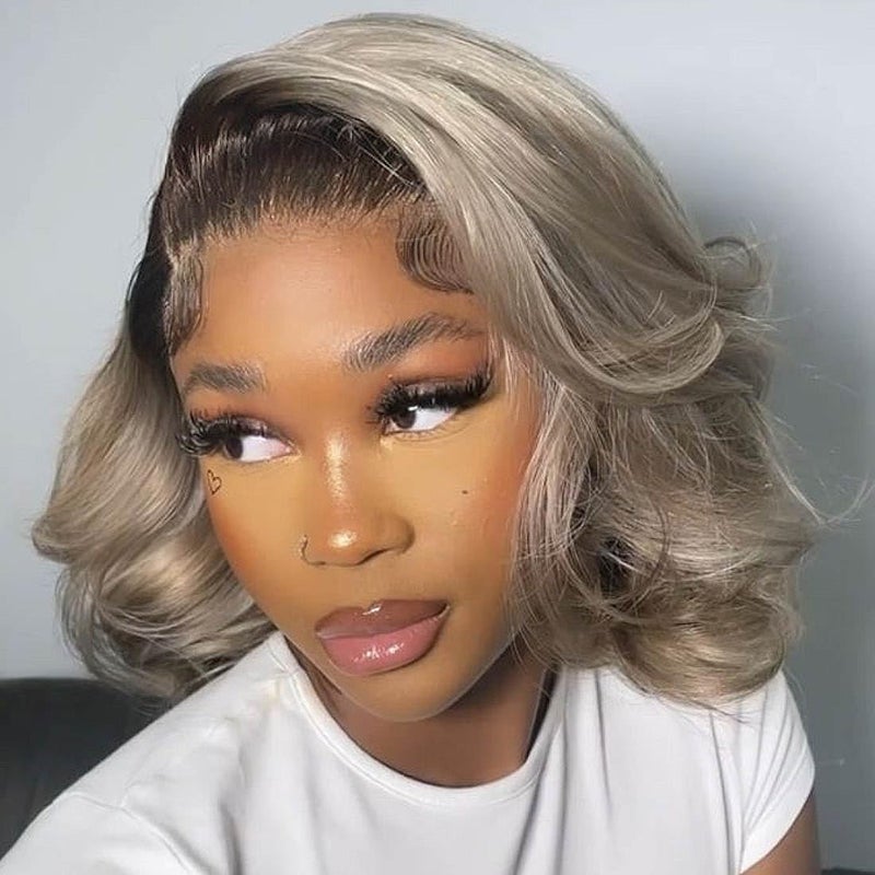Ulaphence 200% Density Ombre Ash Blonde Lace Front Bob Wig Human Hair Body Wave 13x4 Thicker Ombre Brown Roots with Grey Ash Blonde Short Bob Wig Pre Plucked with Baby Hair for Women 14 Inch - Image 3