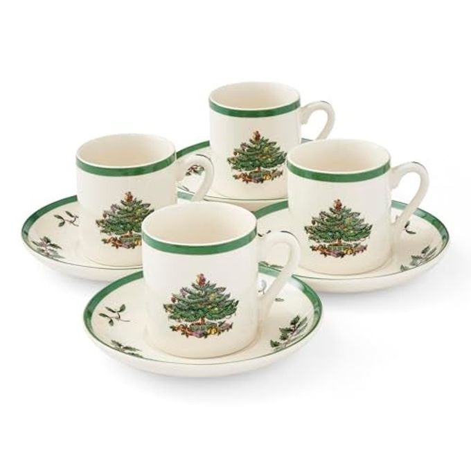 Spode Christmas Tree Espresso Cup & Saucer Set (Set of 4) - Festive 3 Ounce Coffee Mugs with Saucers, Fine Earthenware for Espresso, Holiday Gift & Christmas Dcor - Dishwasher & Microwave Safe - Image 1