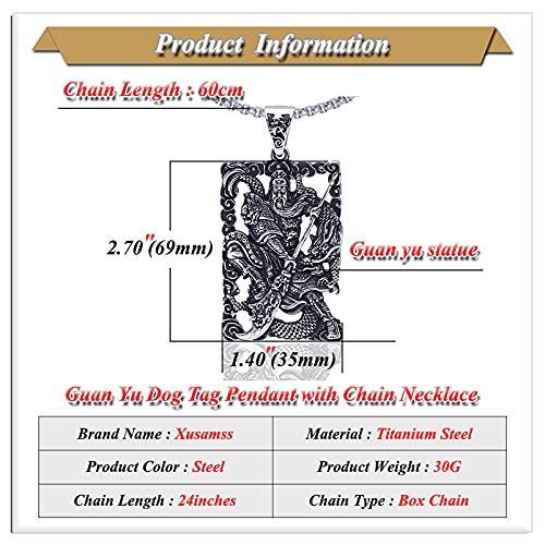Xusamss Punk Rock Titanium Steel Warrior Guan Yu Dog Tag Pendant Necklace,24inches Box Chain - Image 2