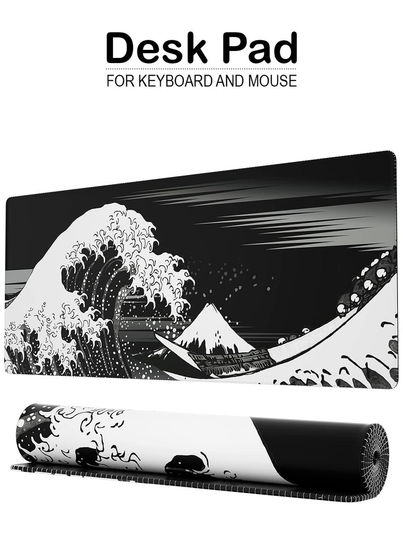 RION Extended Gaming Mouse Pad – Large Desk Mat with Japanese Great Wave Design, 3mm Thick Rubber Base, Smooth Micro-Woven Surface (Black) - Image 1