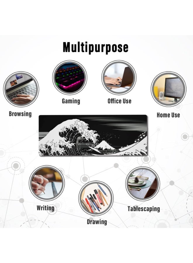 RION Extended Gaming Mouse Pad – Large Desk Mat with Japanese Great Wave Design, 3mm Thick Rubber Base, Smooth Micro-Woven Surface (Black) - Image 2