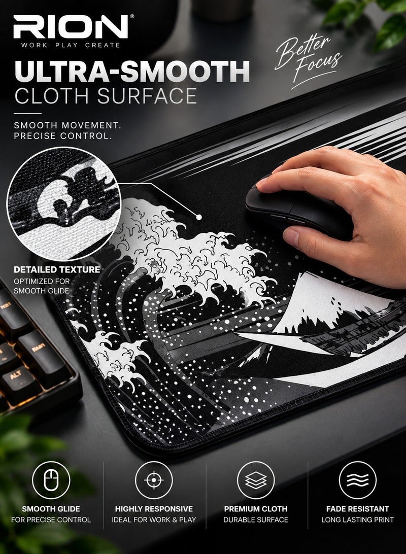 RION Extended Gaming Mouse Pad – Large Desk Mat with Japanese Great Wave Design, 3mm Thick Rubber Base, Smooth Micro-Woven Surface (Black) - Image 3