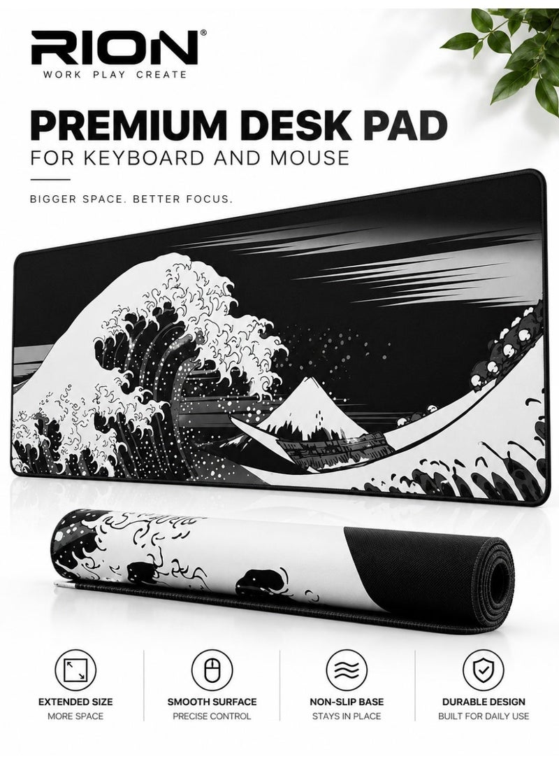 RION Extended Gaming Mouse Pad – Large Desk Mat with Japanese Great Wave Design, 3mm Thick Rubber Base, Smooth Micro-Woven Surface (Black) - Image 1