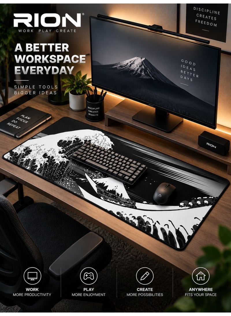 RION Extended Gaming Mouse Pad – Large Desk Mat with Japanese Great Wave Design, 3mm Thick Rubber Base, Smooth Micro-Woven Surface (Black) - Image 5