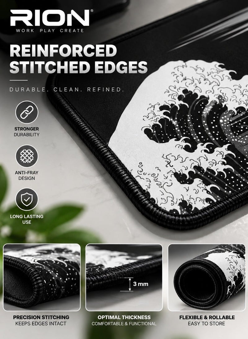 RION Extended Gaming Mouse Pad – Large Desk Mat with Japanese Great Wave Design, 3mm Thick Rubber Base, Smooth Micro-Woven Surface (Black) - Image 4