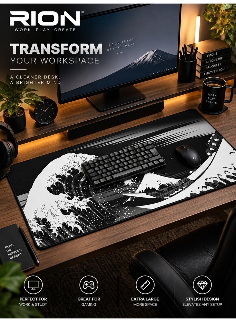 RION Extended Gaming Mouse Pad – Large Desk Mat with Japanese Great Wave Design, 3mm Thick Rubber Base, Smooth Micro-Woven Surface (Black) - Image 2