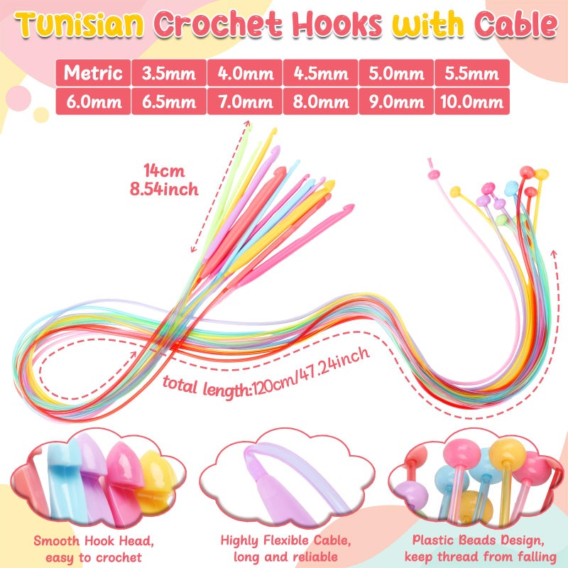 Aeelike Tunisian Crochet Hooks Set with Cable, 11PCS Tunisian Crochet Hook 2-8 mm Aluminum 12 PCS Colorful Afghan Crochet Hooks 3.5-12 mm, Smooth Long Tunisian Crochet Hook with Cable for Beginner - Image 5