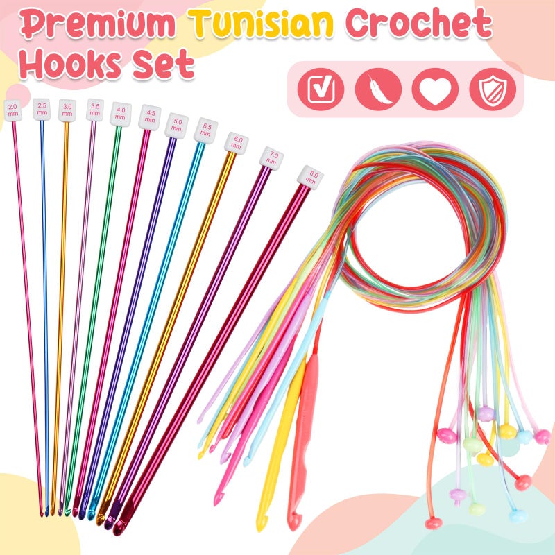 Aeelike Tunisian Crochet Hooks Set with Cable, 11PCS Tunisian Crochet Hook 2-8 mm Aluminum 12 PCS Colorful Afghan Crochet Hooks 3.5-12 mm, Smooth Long Tunisian Crochet Hook with Cable for Beginner - Image 2