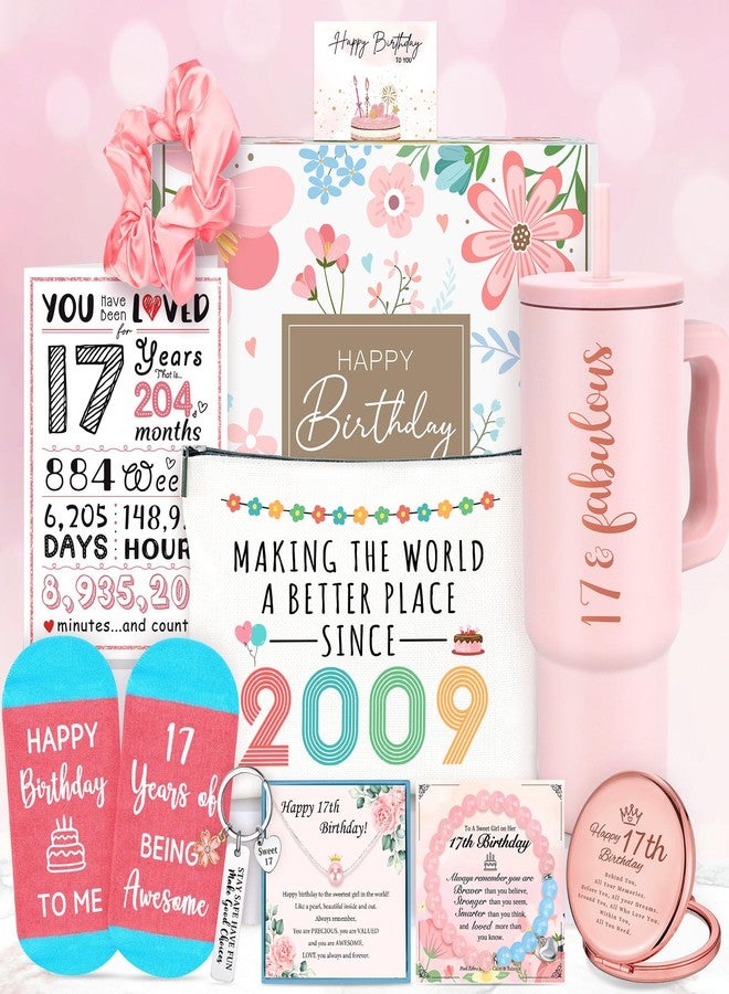 YENCHORN 17th Birthday Gifts for Girls Cool 17 Years Old Girl Gift Ideas Trending Birthday Gift for 17 Year Olds Girl Sweet Happy 17th Decorations Gifts for Teenage Girls with Tumbler Makeup Bag Comfort Socks - Image 1