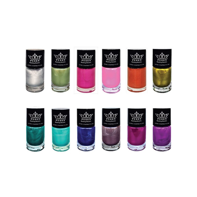 PUEEN Rocking Metallic Stamping Nail Polish Nail Art Color - Set of 12 Metallic Colors - 12ml each - BH001043 - Image 1