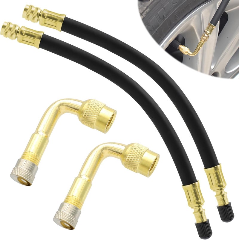 ZHSMS Tire Valve Extension Set, 2 Pieces 8.25 Inch Flexible Valve Stem Extension Adaptor with 2 Pieces 90 Degree Brass Tire Valve Extension Adaptor Compatible for Cars Truck Motorcycle Bike Scooter - Image 1