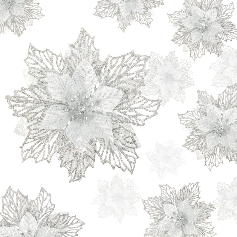 Geosar 36 Pcs 3 Size Christmas Poinsettia Flowers 3'' 4'' 6'' Tree Decorations Glitter Faux Flowers Xmas Artificial Poinsettia Ornaments New Year for Party Favor(Silver) - Image 1