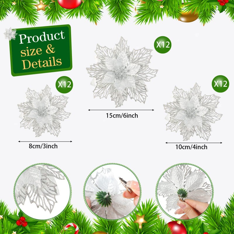 Geosar 36 Pcs 3 Size Christmas Poinsettia Flowers 3'' 4'' 6'' Tree Decorations Glitter Faux Flowers Xmas Artificial Poinsettia Ornaments New Year for Party Favor(Silver) - Image 2