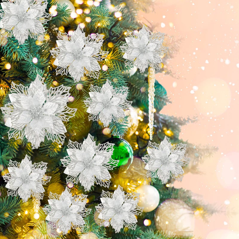 Geosar 36 Pcs 3 Size Christmas Poinsettia Flowers 3'' 4'' 6'' Tree Decorations Glitter Faux Flowers Xmas Artificial Poinsettia Ornaments New Year for Party Favor(Silver) - Image 3