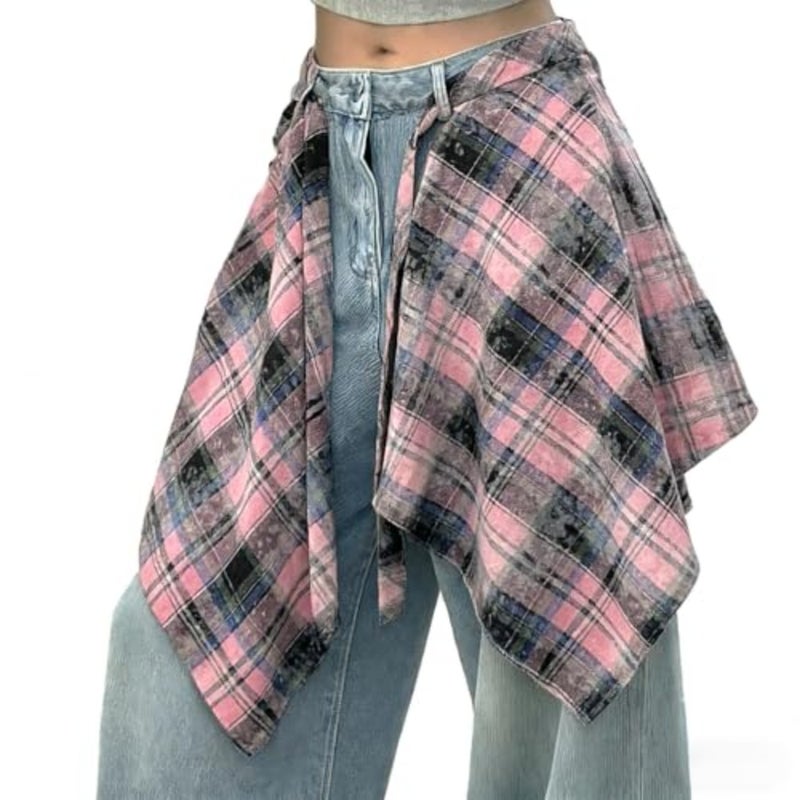 OULIGET Women's Grunge Mini Plaid Skirt, Hip-Hop One-Piece Tie Up Asymmetrical Skirt, Y2k Overlapping Jeans Decorate Skater - Image 1